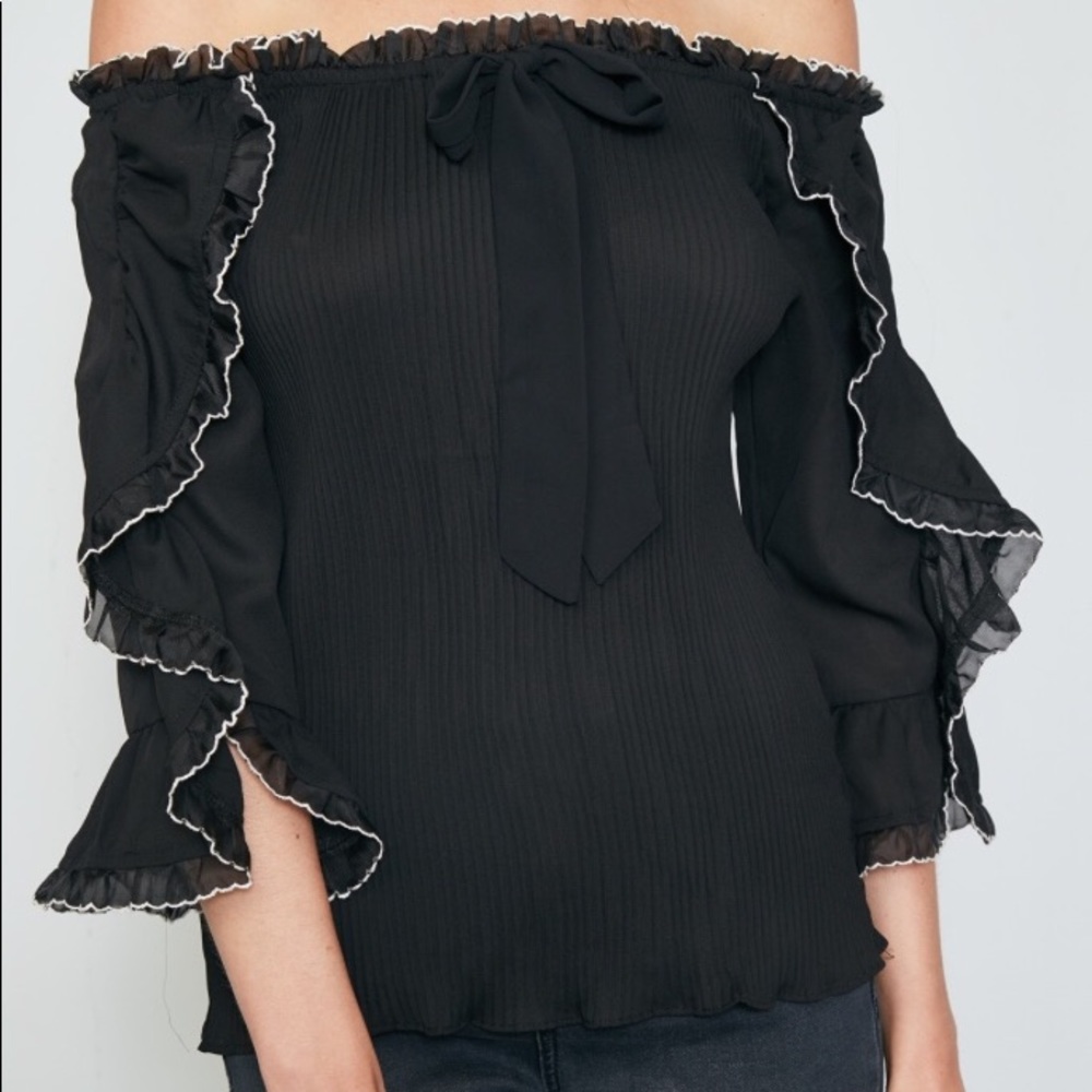 Off shoulder shirred ruffle top